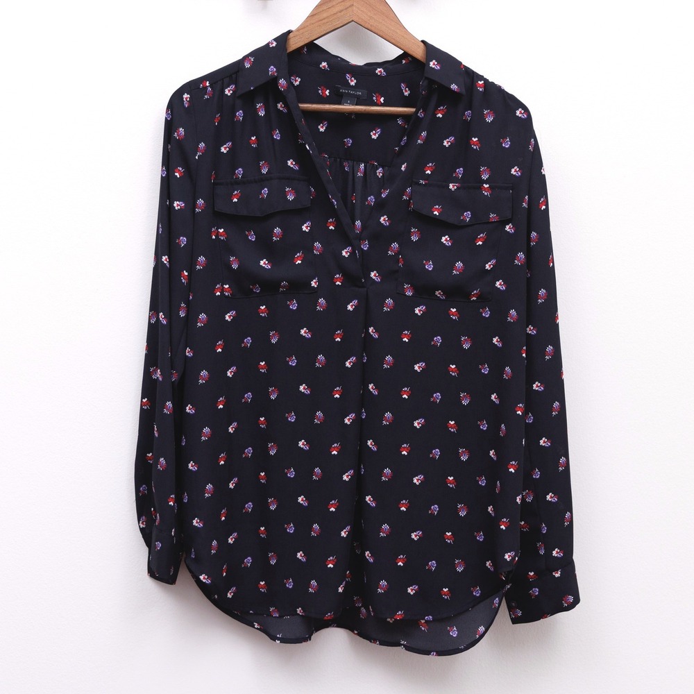 Ann Taylor Womens Navy Blue Floral Long Sleeve Split Neck Blouse Top Small